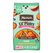 Merrick emballage avant montrant recette senior petit chien et bénéfice nutritif