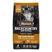 Merrick packaging avant sac 20 lb montrant la recette Big Game et bénéfice goût