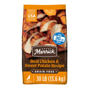 Merrick emballage avant montrant formule poulet patate douce et bénéfice nutrition