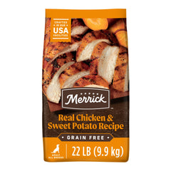 Merrick sachet avant montrant la recette poulet patate douce, favorise appétence
