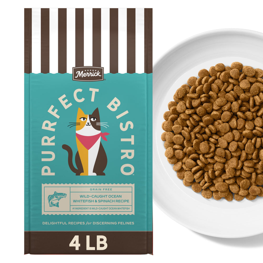 Merrick sachet avant montrant la recette whitefish et épinards bénéfice appétence