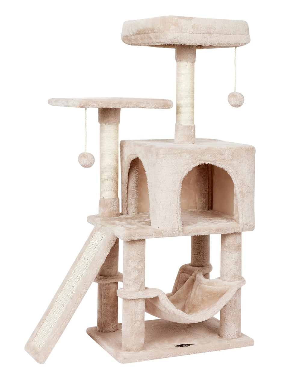 MIAO PAW vue de face de l'arbre à chat beige montrant hamac et plateformes, confort optimisé