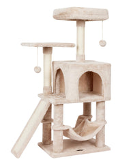 MIAO PAW vue de face de l'arbre à chat beige montrant hamac et plateformes, confort optimisé