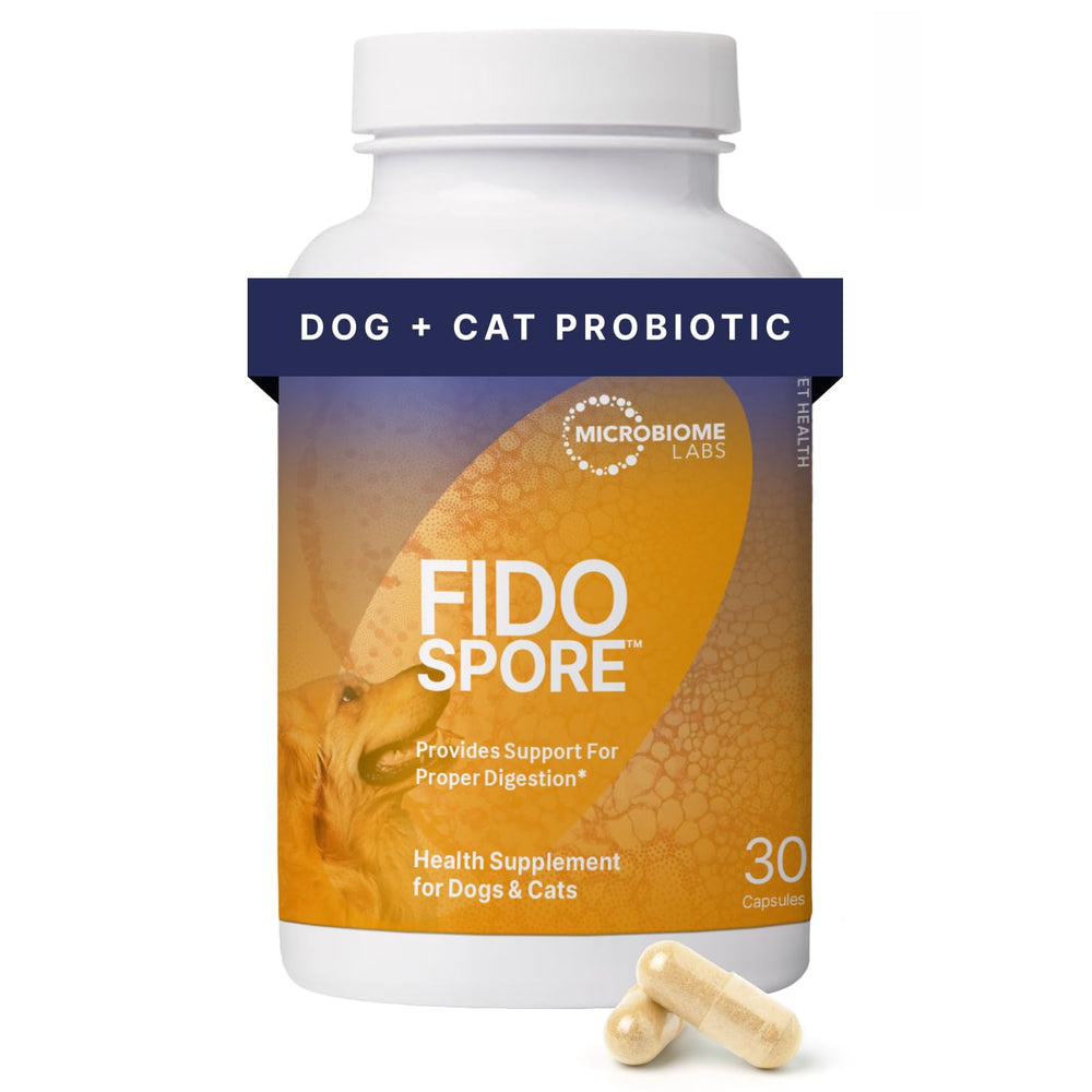 Microbiome Labs Fidospore emballage avant montrant le produit et bénéfice digestif