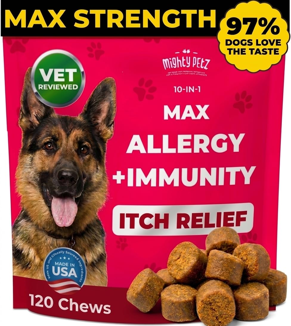Mighty Petz emballage frontal montrant formule anti‑démangeaisons et bénéfice clair