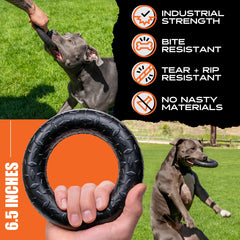Chien en pleine traction tenant le Monster K9 Chew Ring pour jeu actif