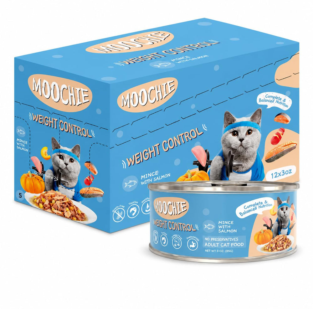 MOOCHIE boîte poulet et saumon vue avant montrant un choix savoureux et pratique