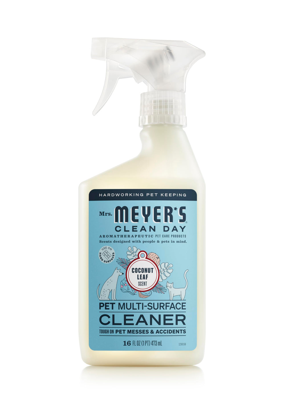 Mrs. MEYER'S bouteille face 16oz Coconut Leaf montrant l’emballage et l’avantage propreté