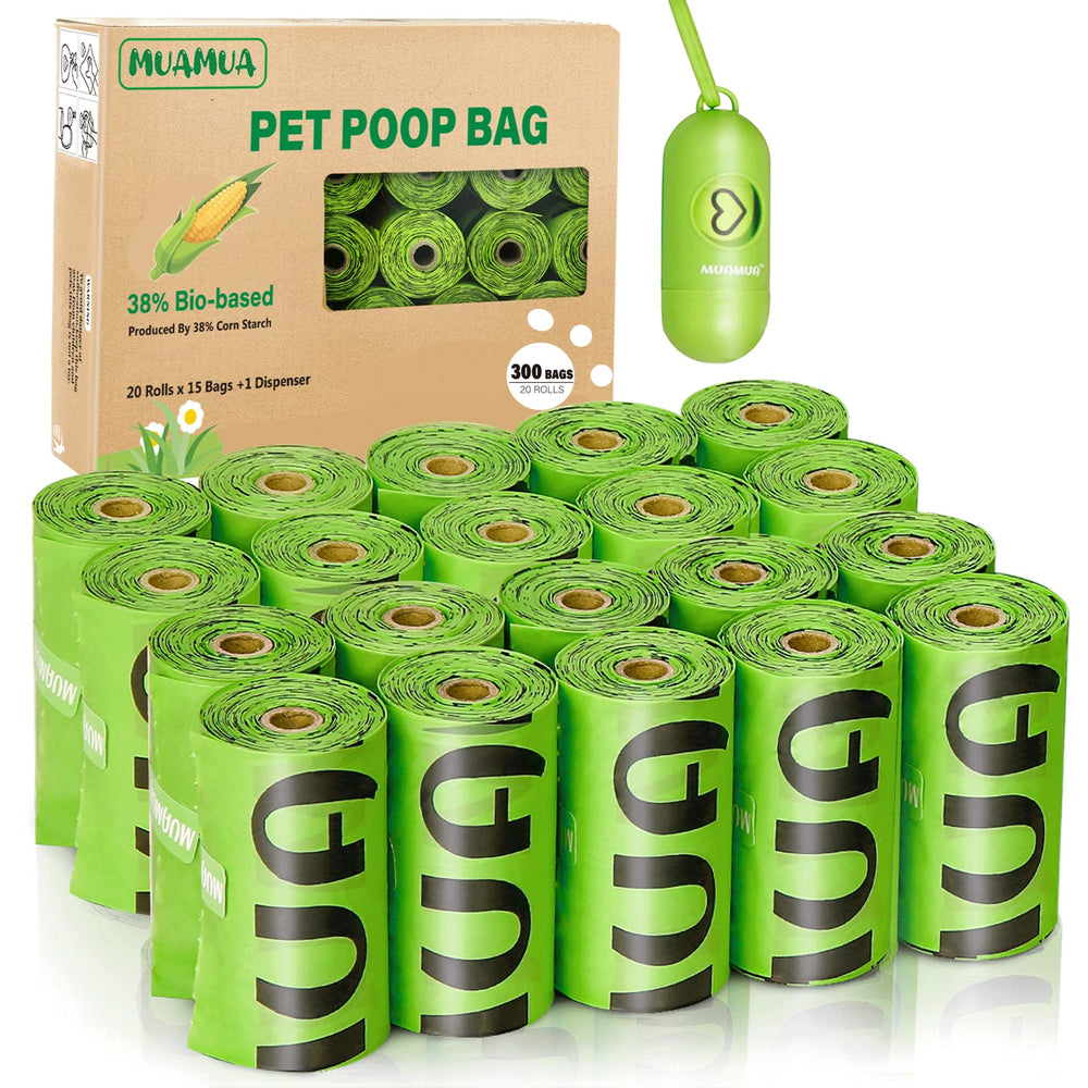 MUAMUA emballage avant montrant 20 rouleaux et 300 sacs, pratique pour stocker