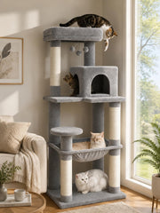 MUTTROS vue frontale de l'arbre à chat gris montrant stabilité et design