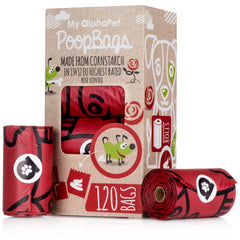 My AlphaPet emballage montrant huit rouleaux et 120 sacs, facilite le rangement