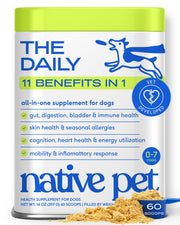 Native Pet emballage avant montrant la poudre et un bénéfice de routine simplifiée