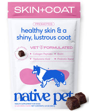 Native Pet emballage avant montrant 60 chews pour peau et pelage, bénéfice entretien quotidien