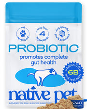 Native Pet emballage avant montrant la poudre probiotique et bénéfice digestion améliorée