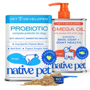 Native Pet bouteille d'huile de poisson devant emballage, bénéfice peau et pelage