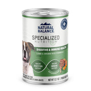 Natural Balance face de la boîte montrant recette agneau et riz brun bénéfice appétence