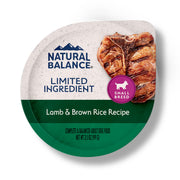 Natural Balance boite face avant montrant recette agneau et riz brun, rassurante