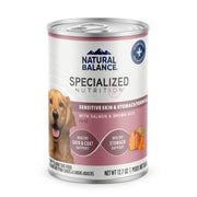 Natural Balance emballage avant montrant la recette saumon et riz brun et bénéfice confort digestif