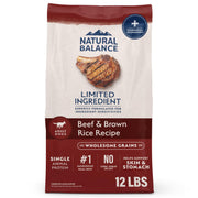 Natural Balance emballage face boeuf et riz brun montrant la recette simple