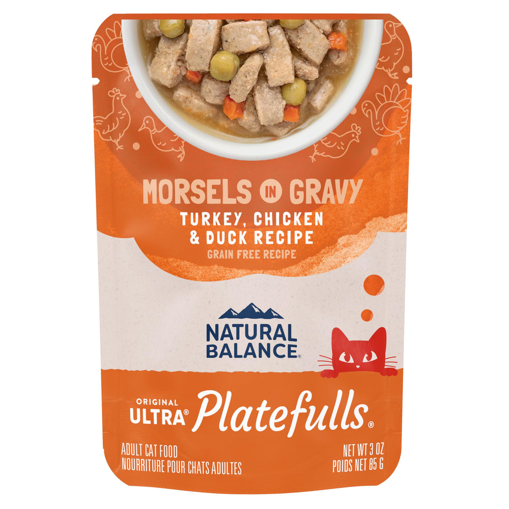 Natural Balance emballage frontal du pack de 24 sachets montrant variétés dinde poulet canard