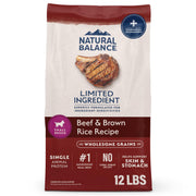 Natural Balance sac face boeuf et riz brun montrant le format 12 lb et bénéfice nutritionnel