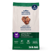 Natural Balance sac face 26 lb montrant l'emballage et l'avantage nutritionnel