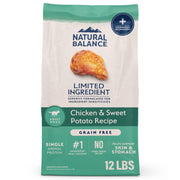 Natural Balance sachet face montrant recette poulet et patate douce bénéfice nutrition complet