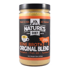 Nature's Diet emballage avant du bouillon de bœuf montrant format 16 oz et portion