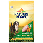 Nature's Recipe sac avant 24 lb montrant l'étiquette et l'avantage d'une formule sans céréales
