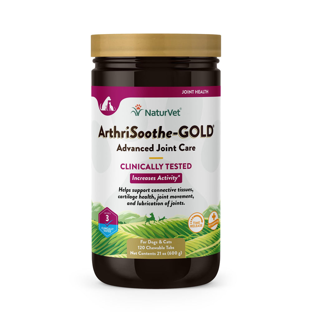 NaturVet bocal ArthriSoothe‑GOLD Level 3 face montrant l'emballage et bénéfice mobilité