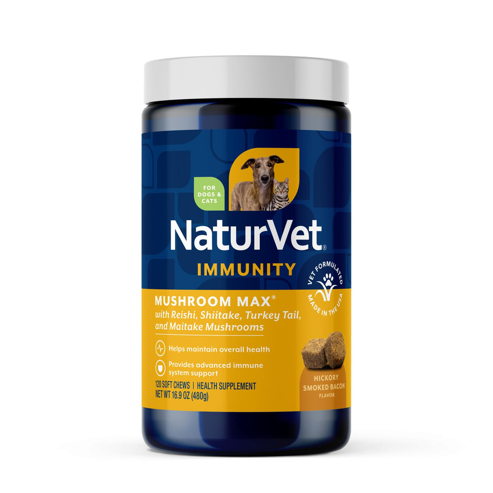 NaturVet emballage avant du Mushroom Max montrant la boîte et bénéfice immunité