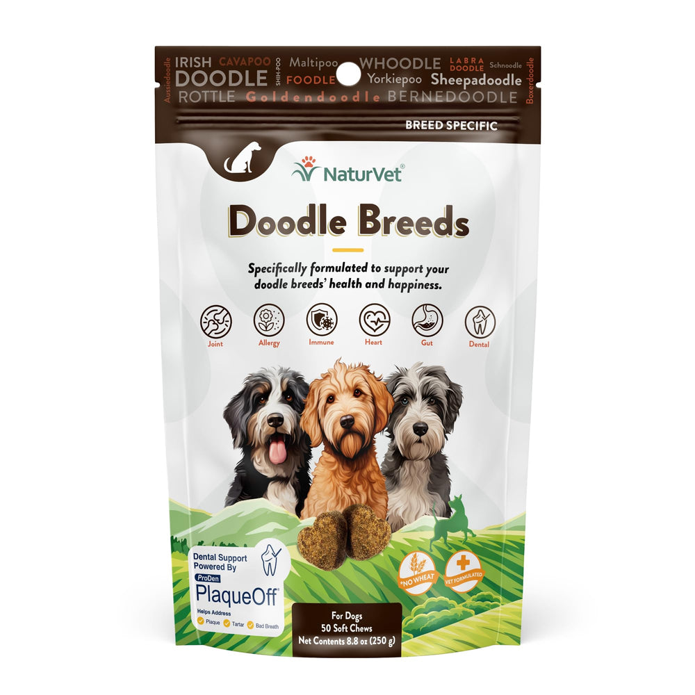 NaturVet emballage face Breed Specific Doodle montrant usage quotidien