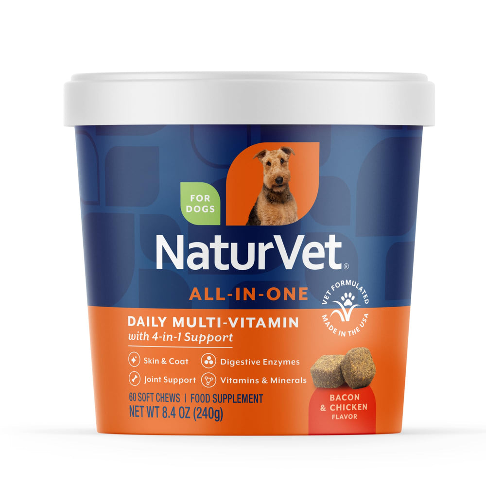 NaturVet pot de 60 soft chews montrant l'emballage et la praticité