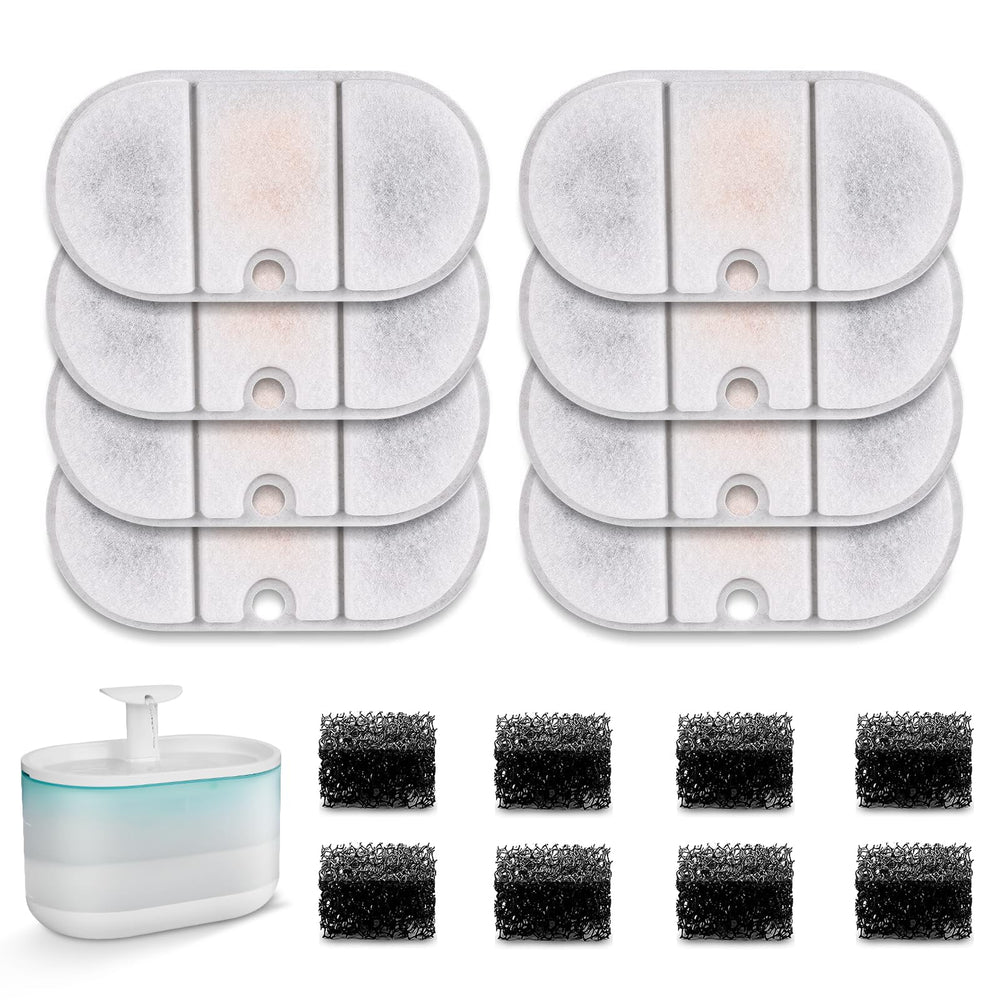 NautyPaws packaging avant montrant 8 filtres et 8 éponges, remplacement pratique