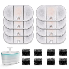 NautyPaws packaging avant montrant 8 filtres et 8 éponges, remplacement pratique