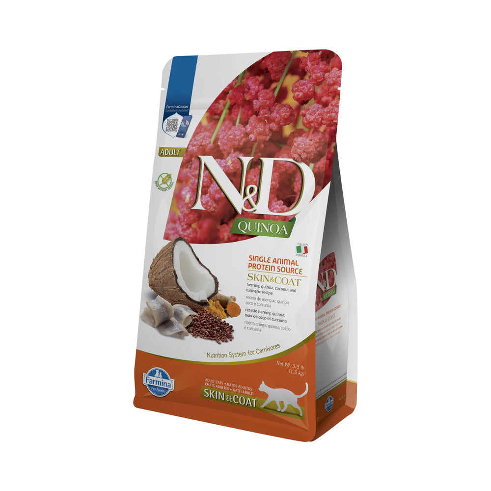 N&D emballage devant montrant la recette quinoa hareng pour peau et pelage, qualité premium