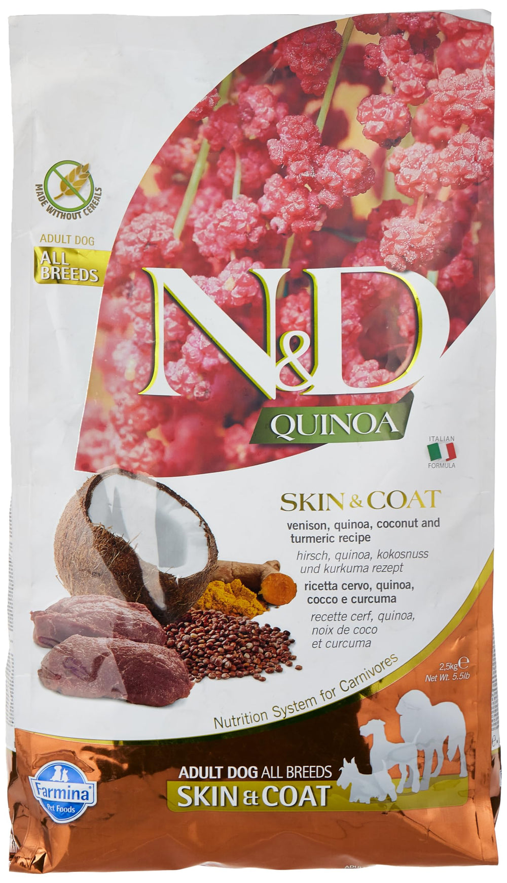 N&D face de l’emballage montrant venaison et quinoa pour confiance nutritionnelle