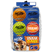 Nerf Dog face avant du coffret montrant 12 balles colorées et attractives