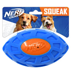 Nerf Dog vue avant du football bleu orange bénéfice visibilité et prise facile