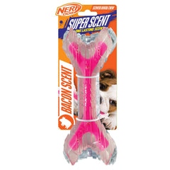 Nerf Dog emballage clair/rose montrant design et attrait bacon pour jeu durable