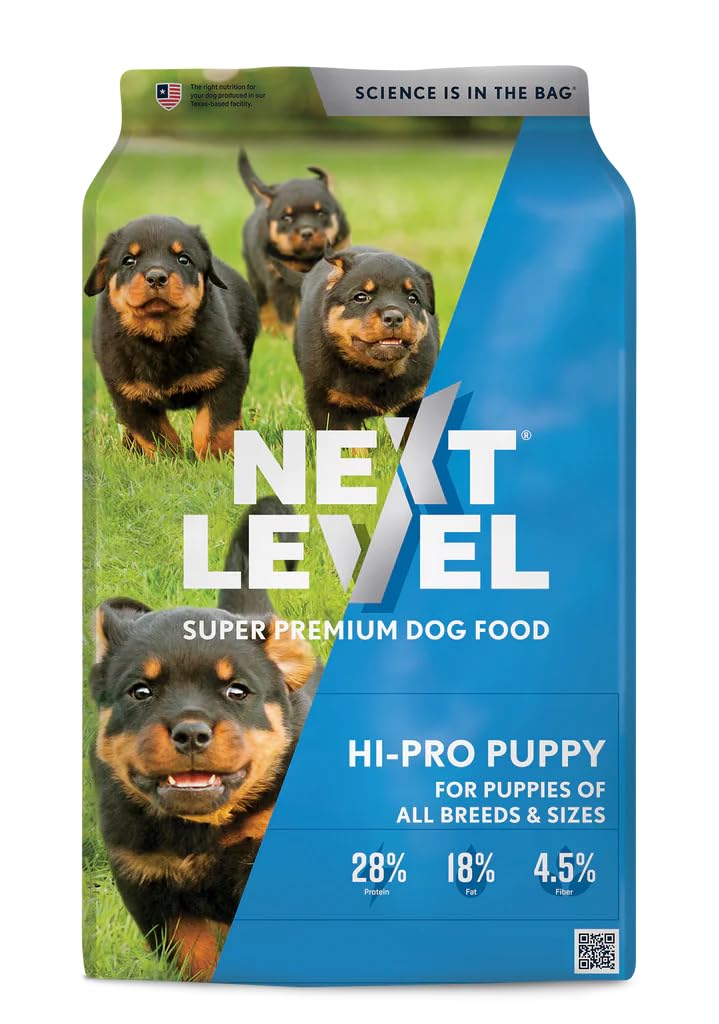 Next Level Hi‑Pro Puppy face sac 15 lb montrant ingrédients riches et soutien croissance