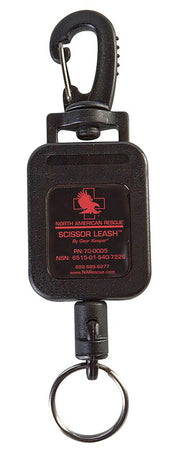 North American Rescue vue avant du scissor leash noir montrant clip robuste et corps compact