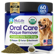 NuLife Natural Pet Health front packaging montrant la poudre dentaire bio pour chiens et facilité d'utilisation