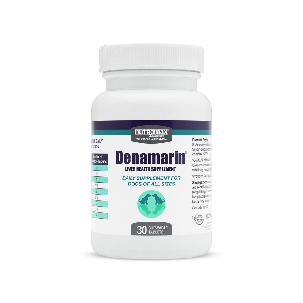 Nutramax Denamarin emballage avant montrant le produit et un bénéfice clair de soutien hépatique