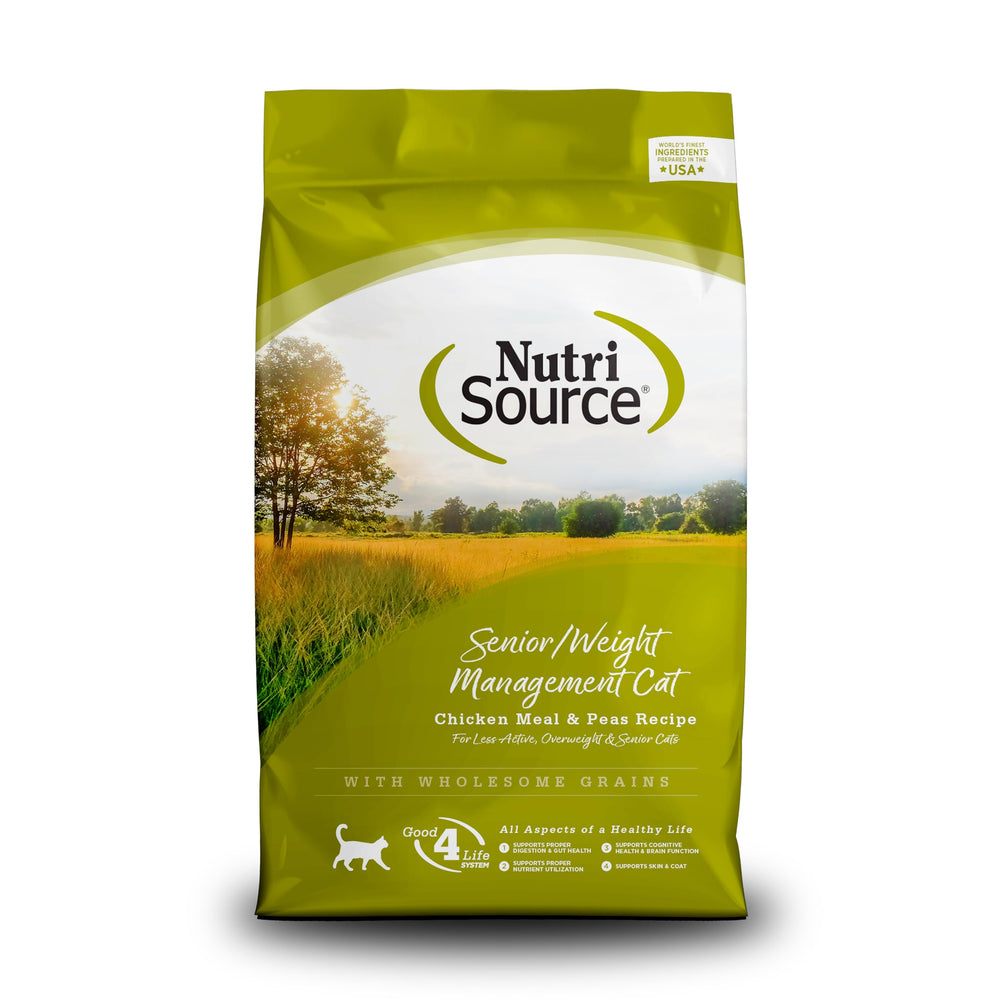 NutriSource emballage avant montrant la recette poulet et pois, clair et informatif
