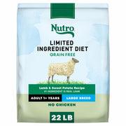 Nutro sac 22 lb face montrant recette agneau et patate douce, confiance qualité