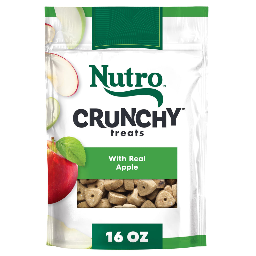 Nutro vue avant du paquet 16 oz montrant l'étiquette et la pomme réelle, rassure sur la qualité