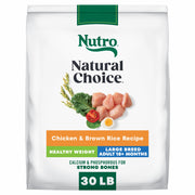 Nutro paquet face poulet et riz brun montrant l'étiquette, favorise gestion du poids