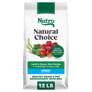 Nutro paquet avant affichant recette agneau et riz brun, qualité nutritive