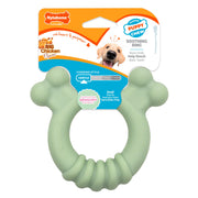 Nylabone vue avant de l’emballage montrant le jouet et bénéfice apaisant